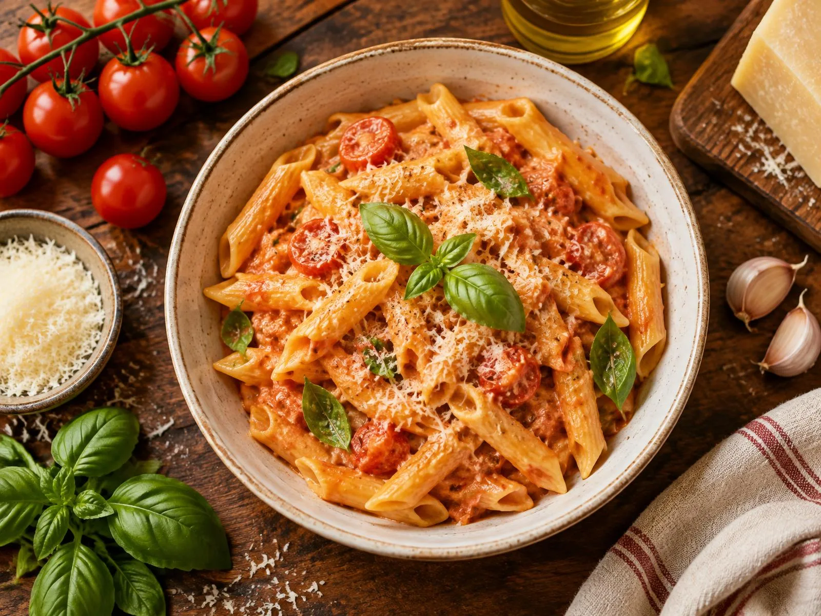 Cremige Tomaten-Pasta mit Basilikum, Kirschtomaten und Parmesan